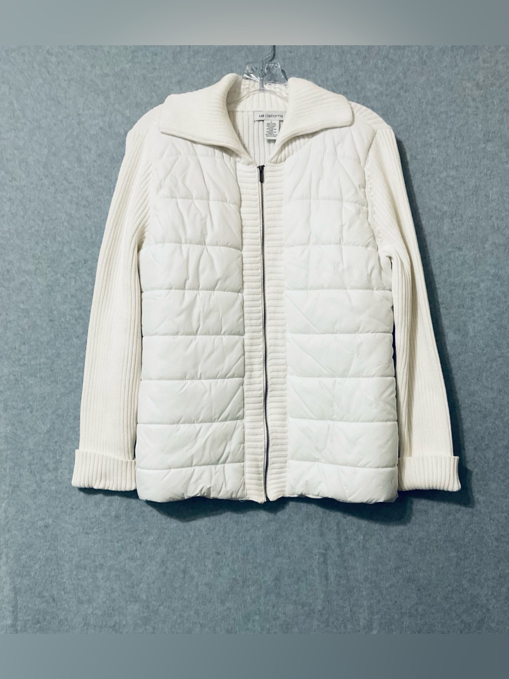Liz Claiborne White Quilted Knit-Slee Zip Jacket Sz L